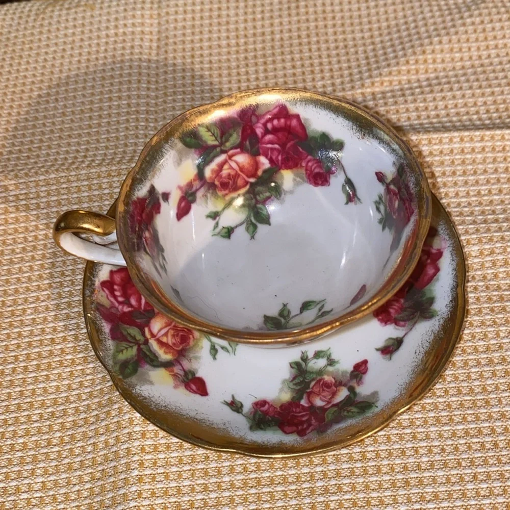 Vintage Old Gold Japan Pink Roses Gold Accents Footed teacup and saucer
